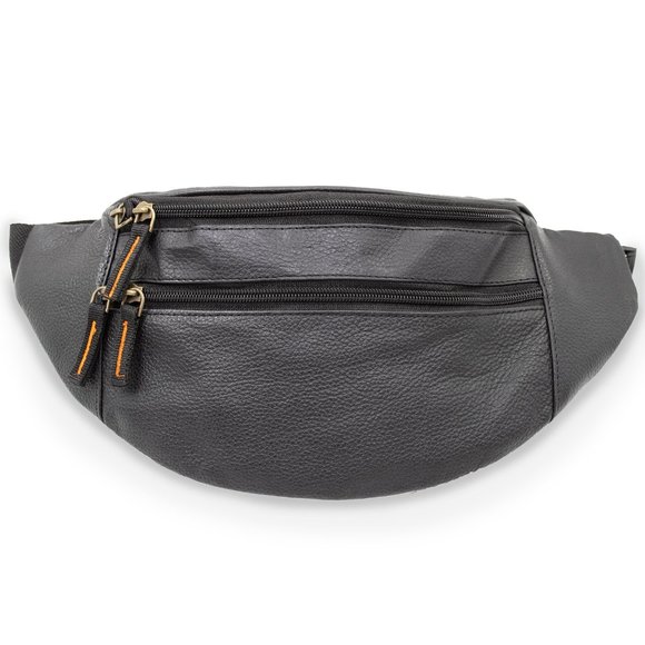Black Genuine Leather Fanny Pack Large Multi Zippered Waist Bag Design Hip Purse - Picture 3 of 6